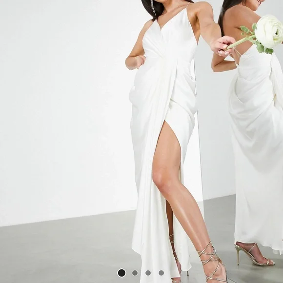 ASOS | Dresses | Asos Ivory Drape Satin Midi Dress Worn Once For My  Rehearsal Dinner | Poshmark
